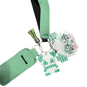 Green and White Beaded Keychain with Lanyard
